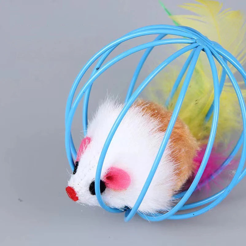 Metal Cage Ball Cat Toy with Plush Mouse