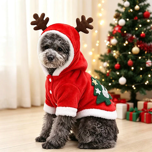 Christmas Reindeer Dog Hoodie (Soft Flannel Warm Clothes)