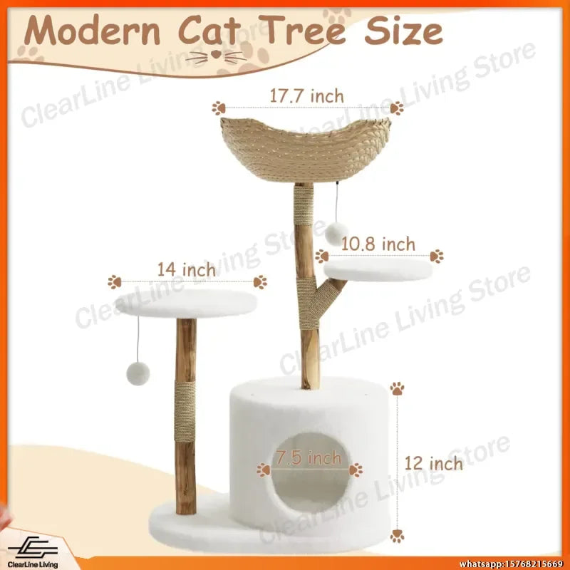 Modern Wood Cat Tree with Wicker Condo & Scratching Post
