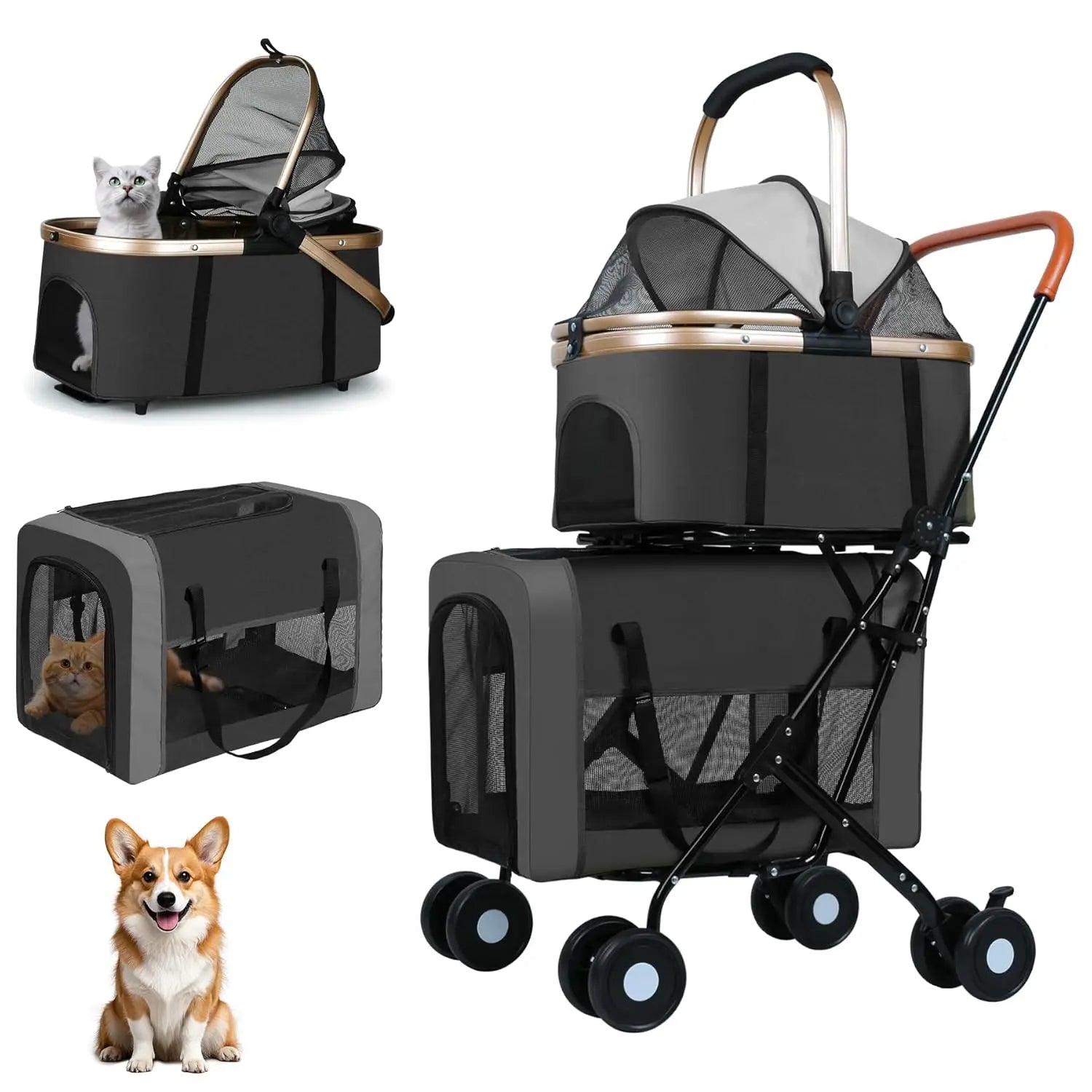 Foldable Multi-Pet Stroller with Detachable Carriers & 4 Lockable Wheels