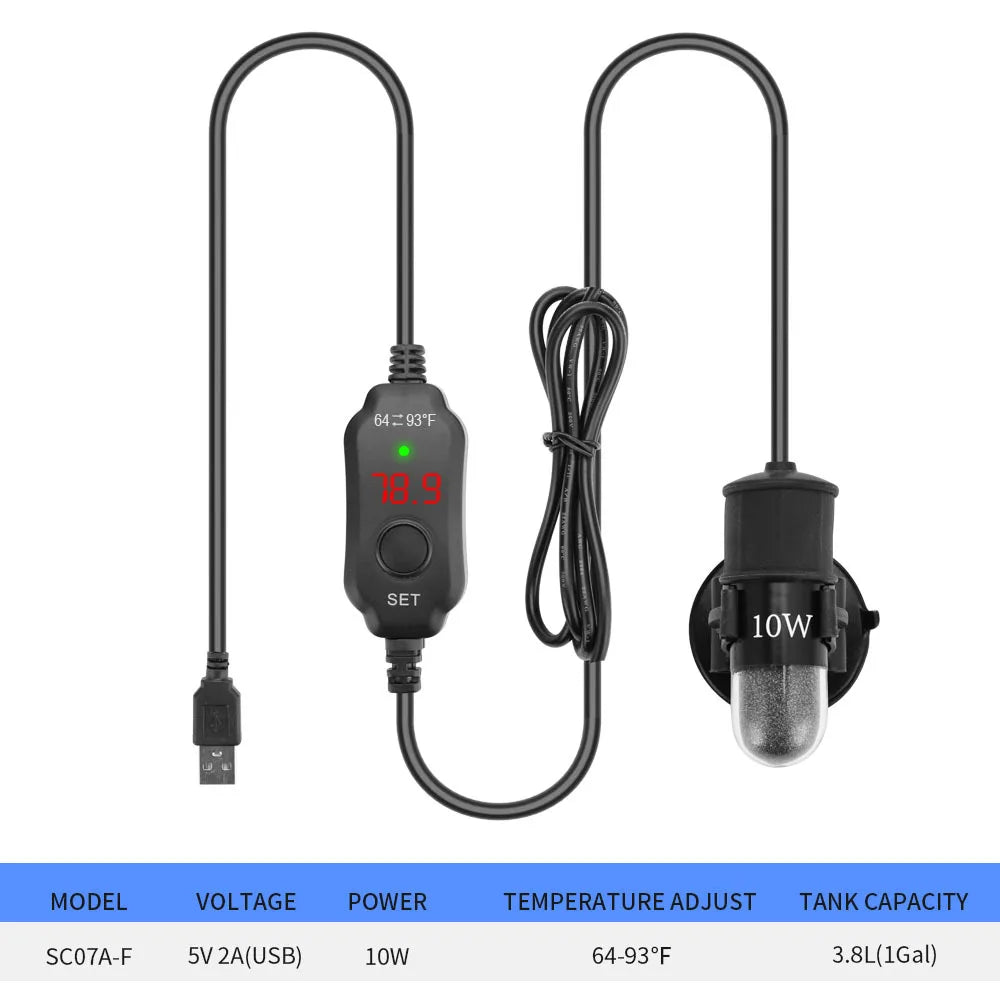 USB Mini Aquarium Heater Rod (Submersible, 18–34°C Adjustable)