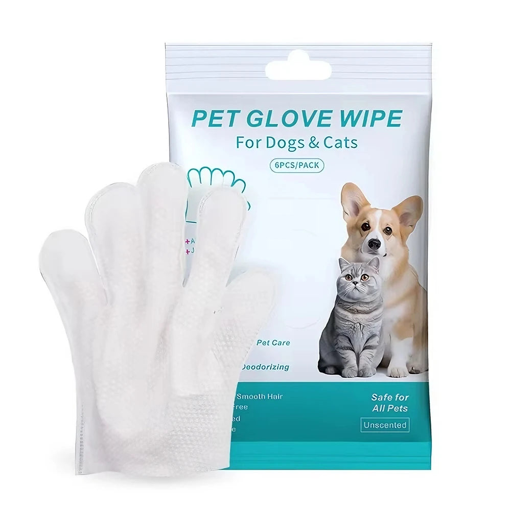 Rinse-Free Pet Bathing Gloves — Extra-Thick Cleaning Wipes, 6-Pack