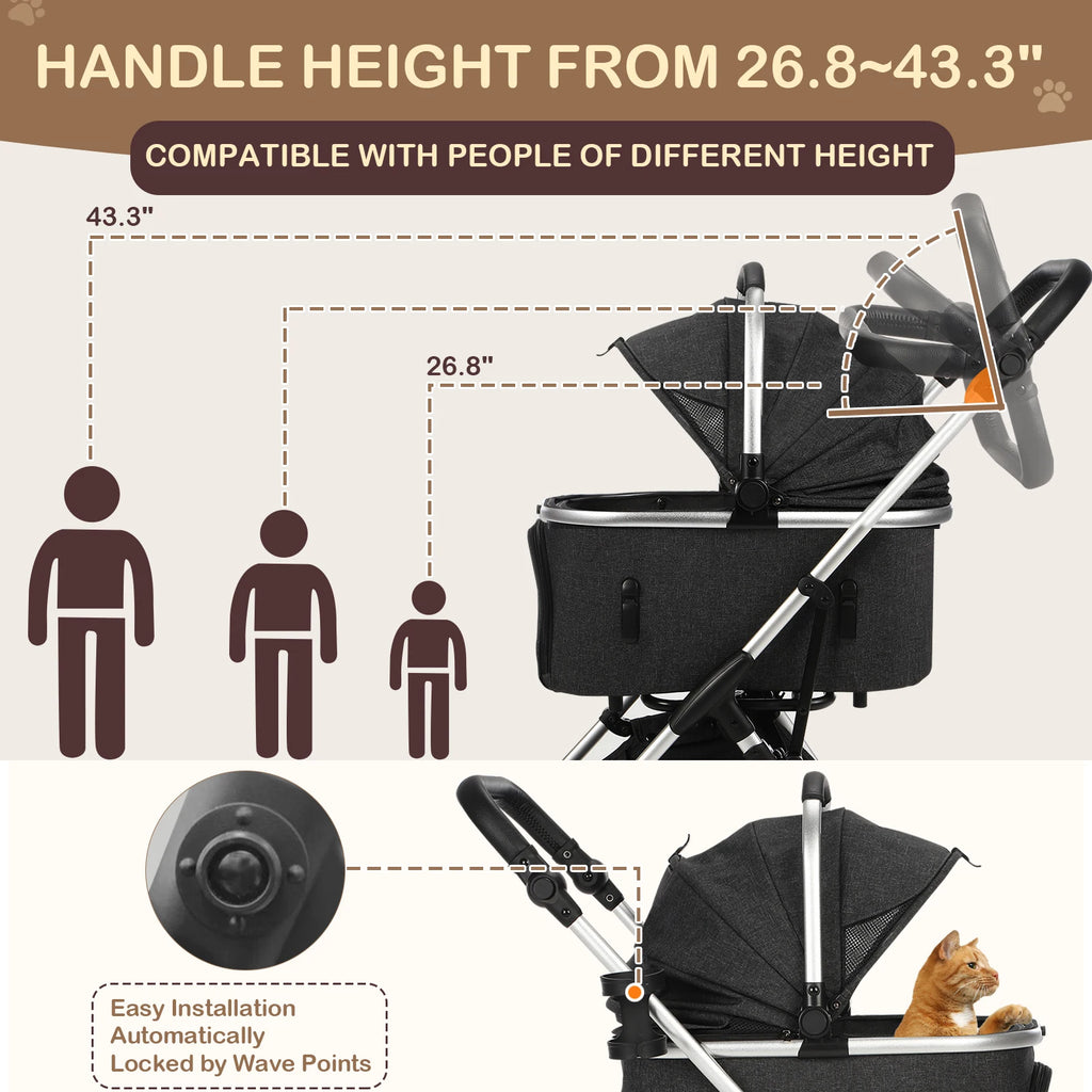 4-Wheel Pet Stroller with Detachable Carrier (Foldable, 50 lbs)