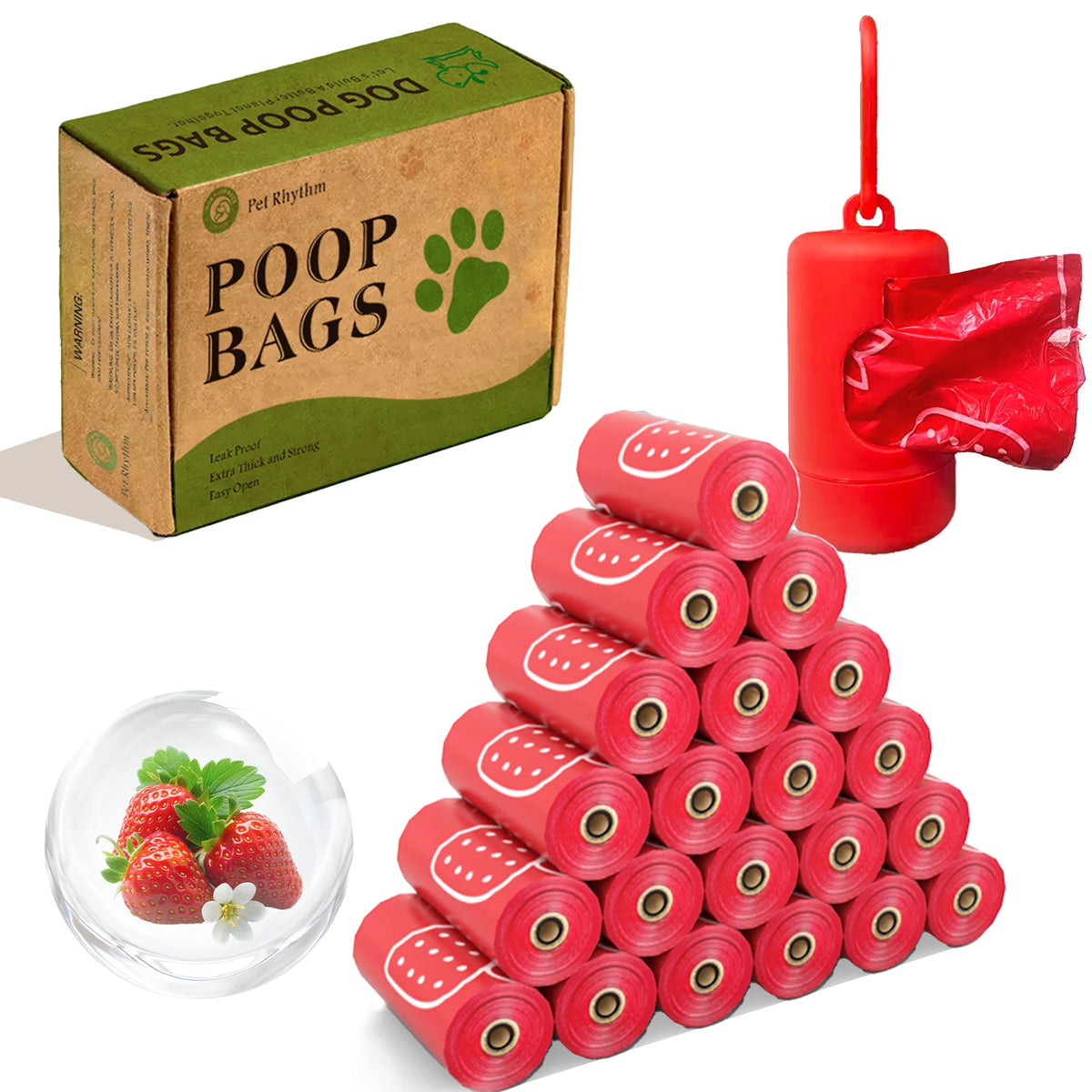 Photodegradable Dog Poop Bags (Strawberry Scented, Red)