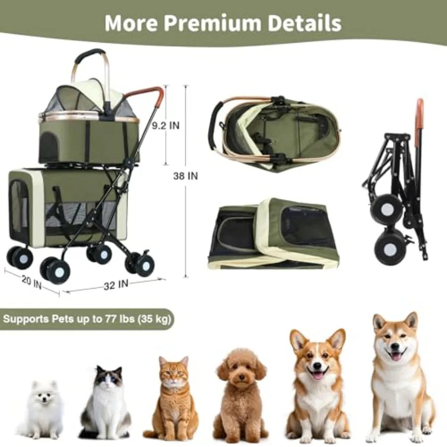 Foldable Double Pet Stroller with Detachable Carriers, Safety Belts & 4-Lock Wheels
