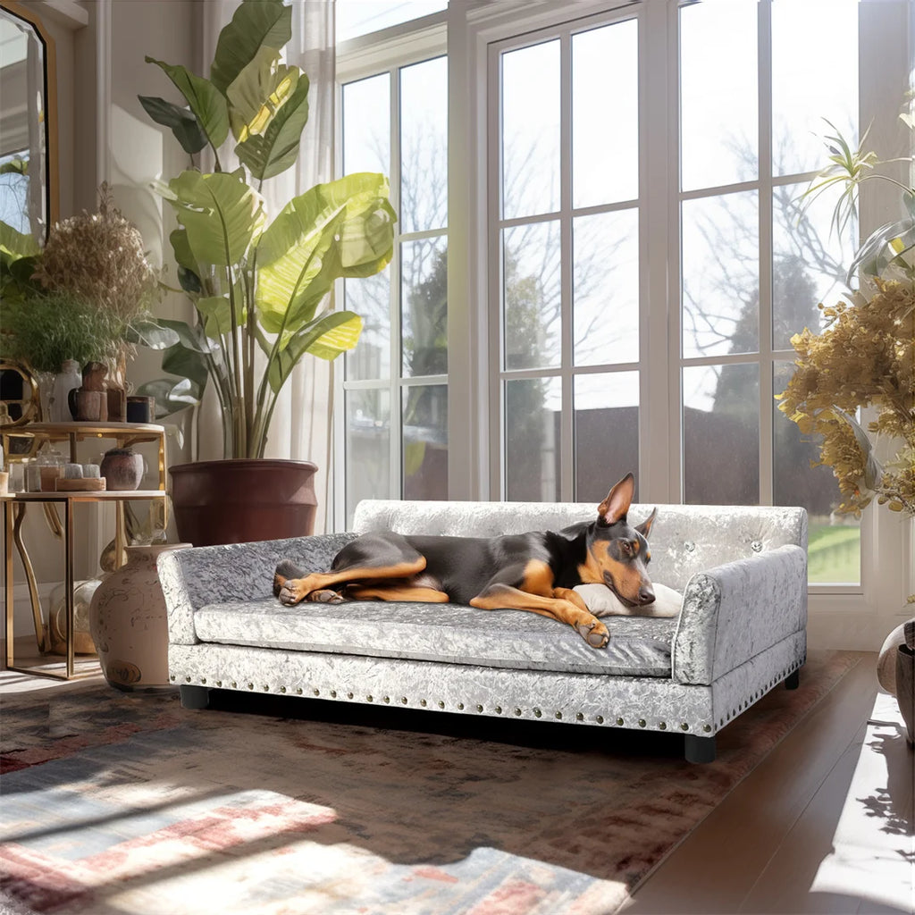 Deluxe Silver Velvet Dog Couch Sofa with Removable Cushion