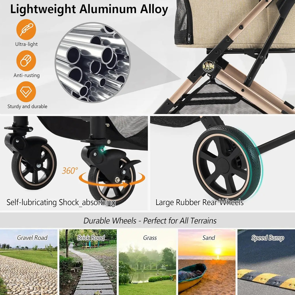 3-in-1 Aluminum Alloy Pet Stroller with Dual No-Zip Entry, Detachable Carrier & Pet Pad — Foldable