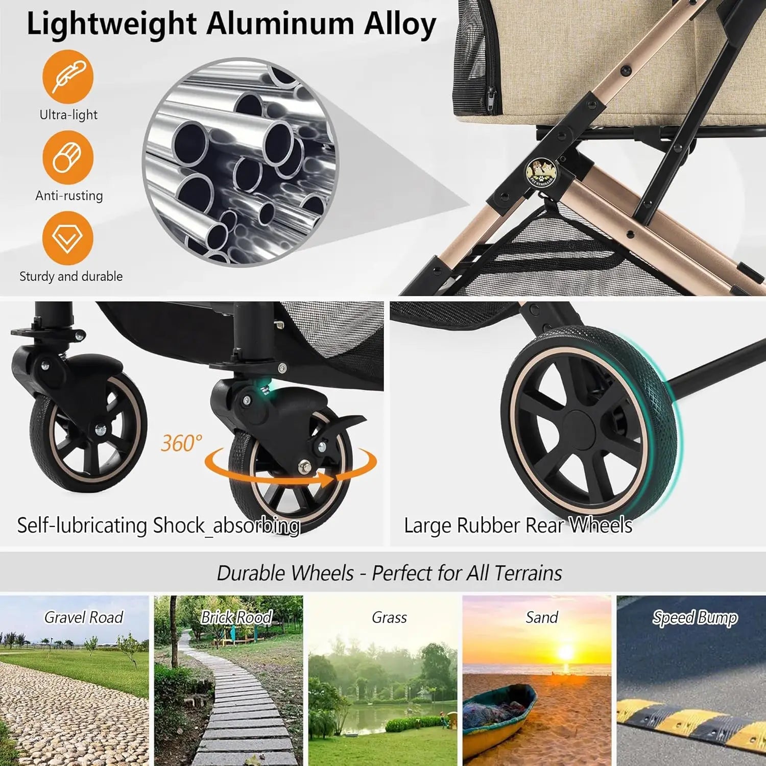 3-in-1 Aluminum Alloy Pet Stroller with Dual No-Zip Entry, Detachable Carrier & Pet Pad — Foldable