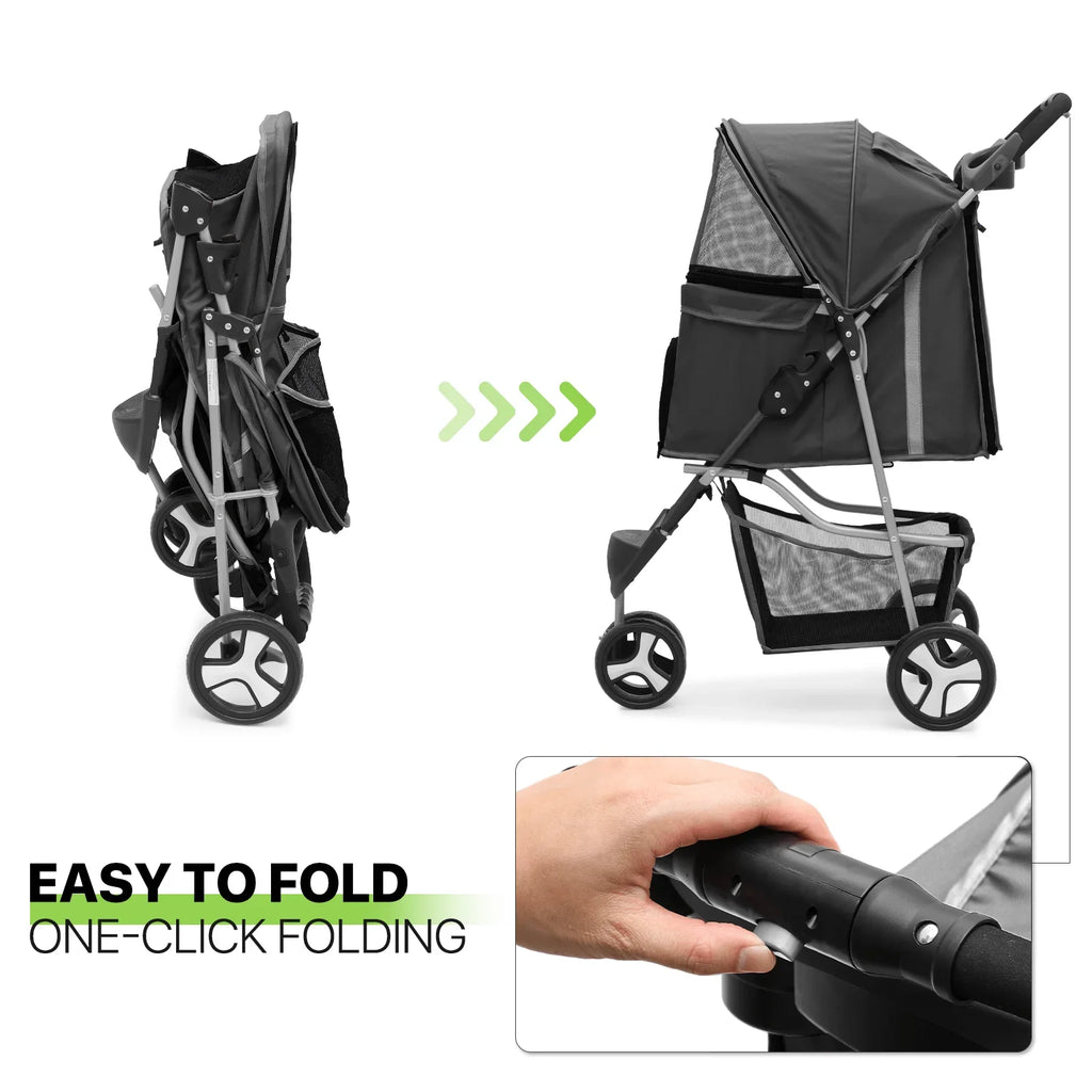 Magshion Foldable 3-Wheel Pet Jogger Stroller with Storage Basket & Cup Holder