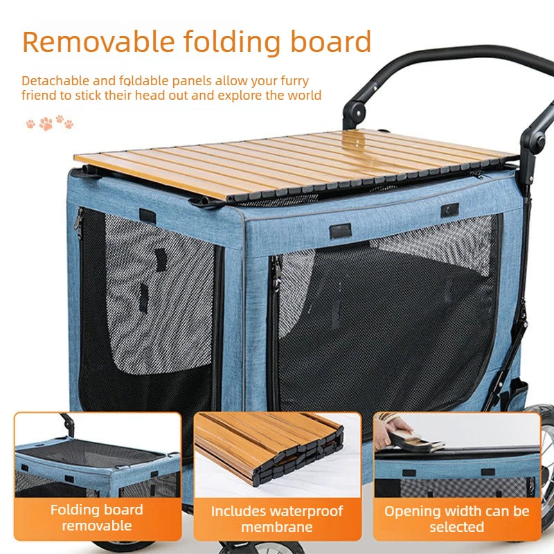 Multifunctional Camping Cart & Large Pet Stroller Trolley with Wooden Table Top for Dogs