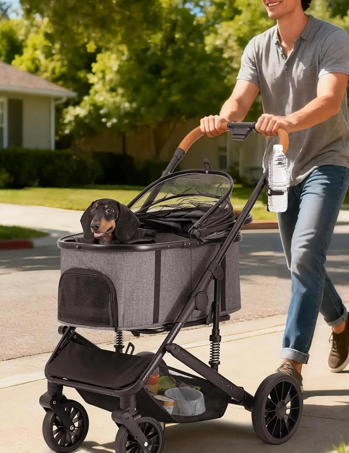 4-Wheel Folding Breathable Pet Stroller with Detachable Carrier for Small & Medium Dogs & Cats — Grey