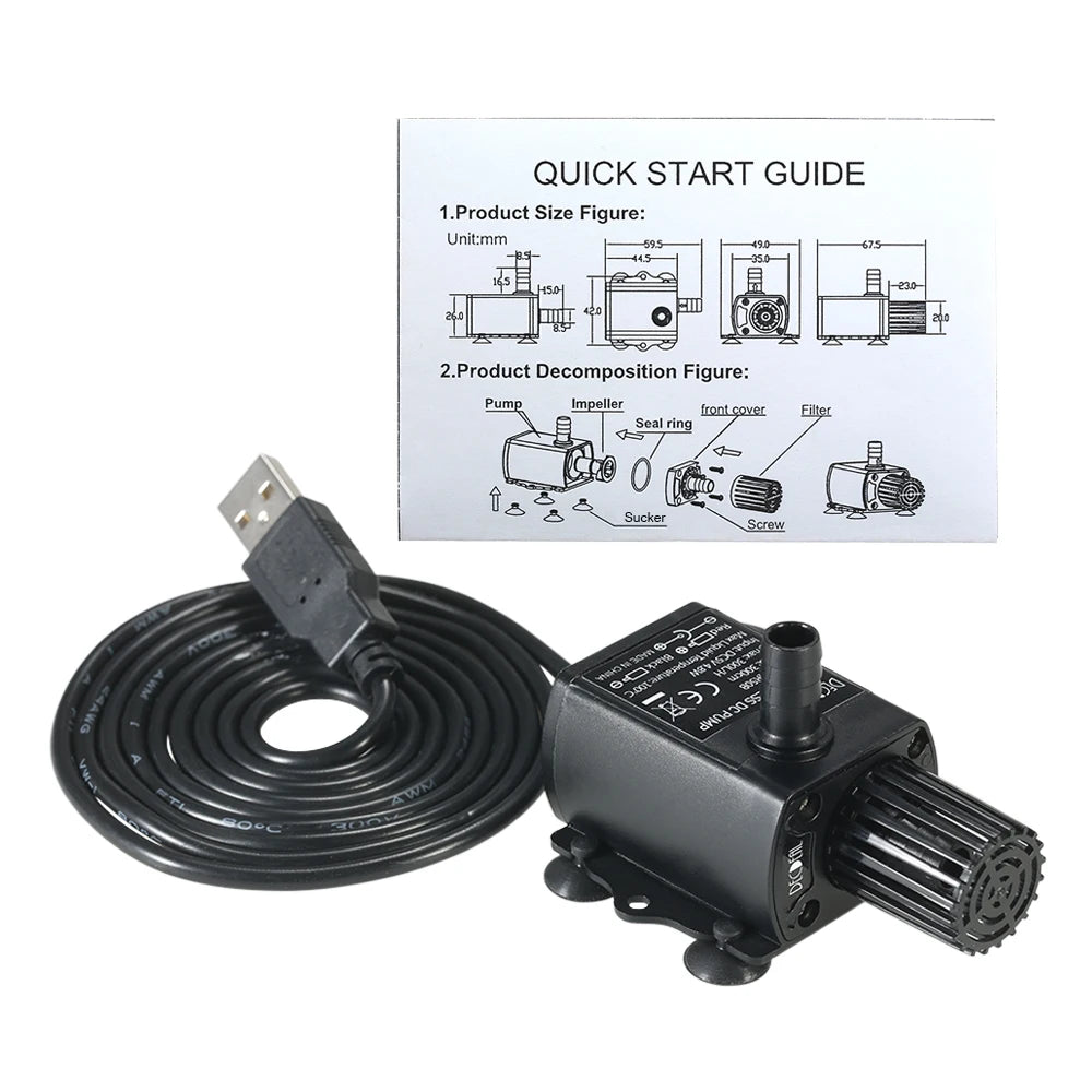 USB Brushless Submersible Aquarium Pump (DC5V, 4.8W, 300L/H, Ultra-Quiet)