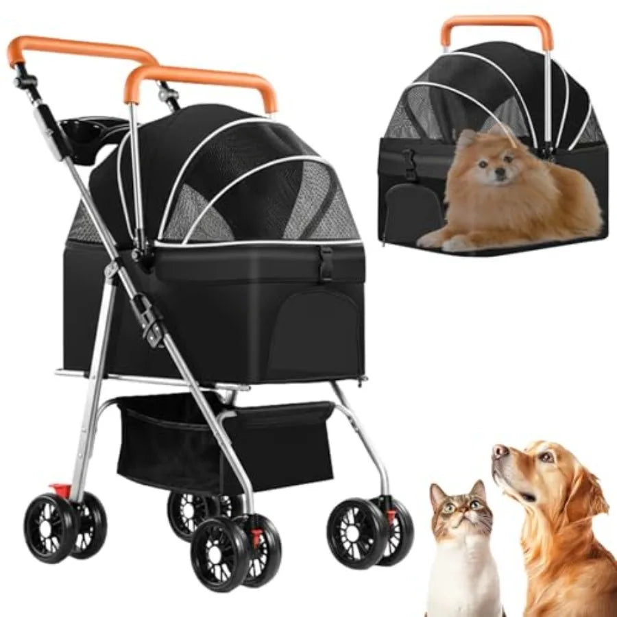 3-in-1 Multifunction 4-Wheel Folding Dog Stroller with Detachable Carrier