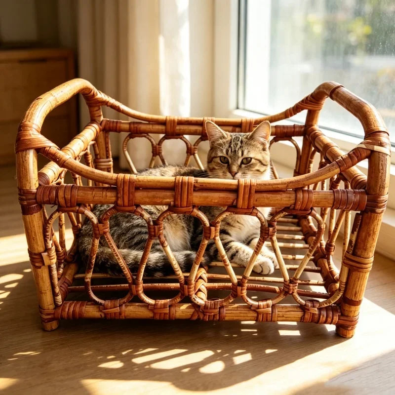 Breathable Rattan Cat Bed Basket for Photo Decor