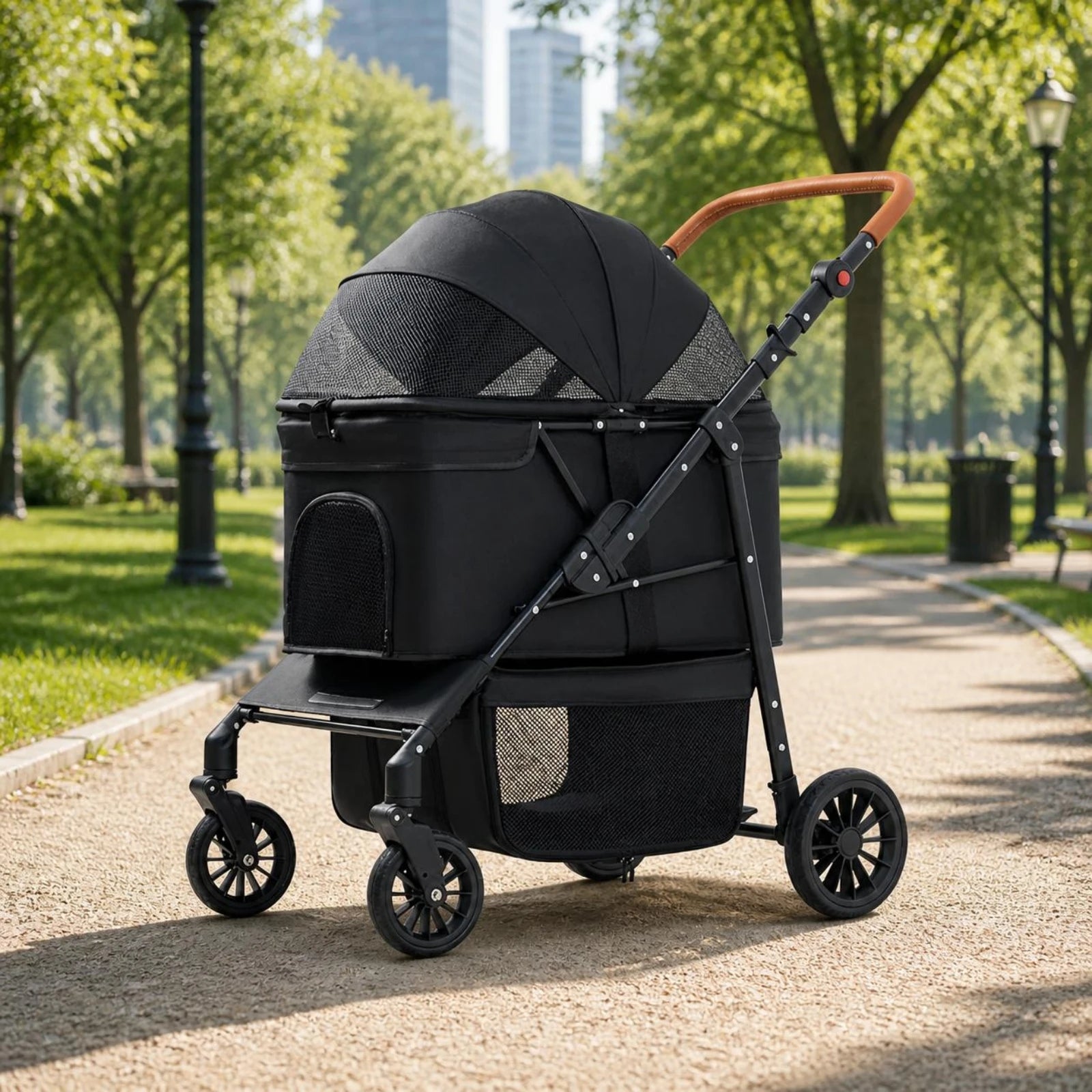 Large Dog Wagon Stroller with Adjustable Handle, Mesh Windows & Storage