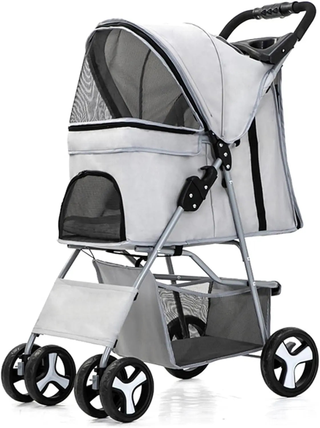 4-Wheel Pet Jogger Stroller with Cup Holder & Storage Basket — Travel Pushchair for Small & Medium Dogs & Cats