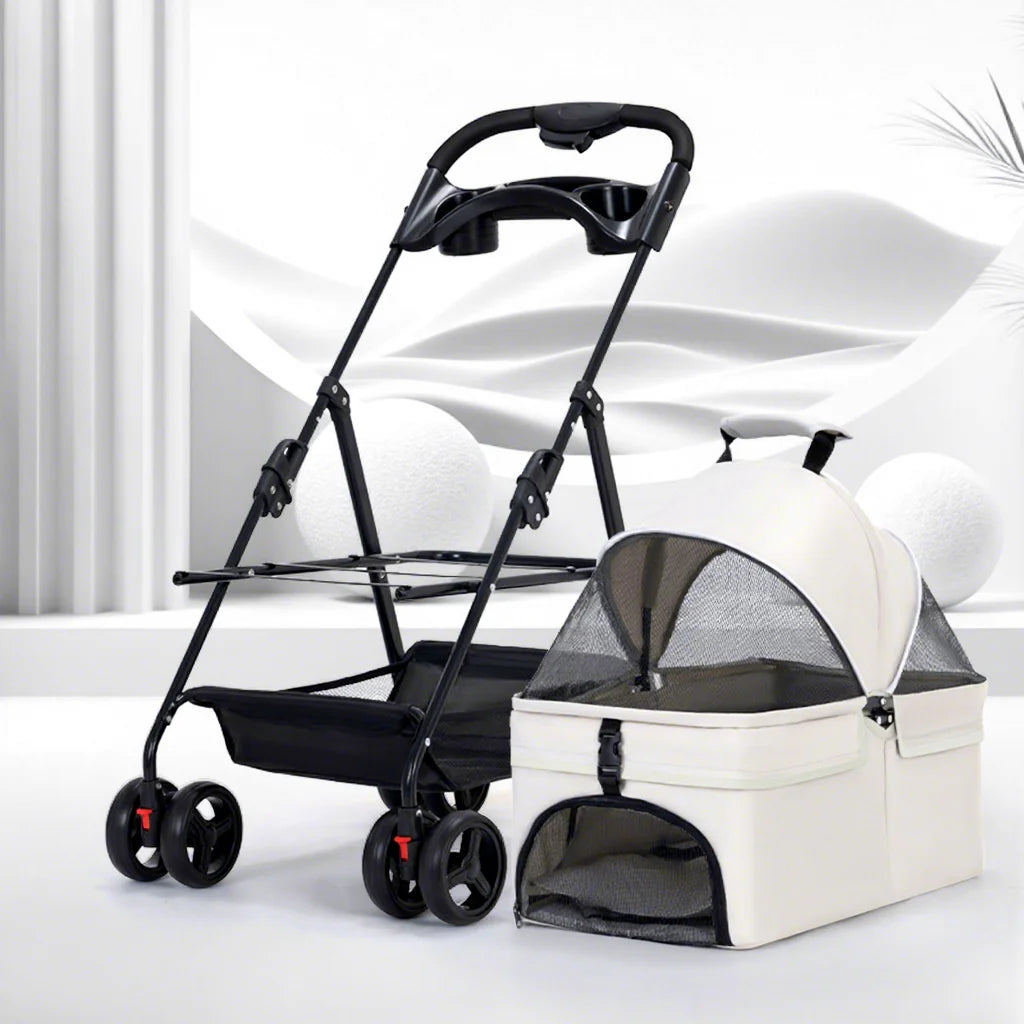 Ultra-Breathable Mesh One-Hand Folding Pet Stroller with Dual Zippered Doors & Detachable Carrier for Dogs & Cats
