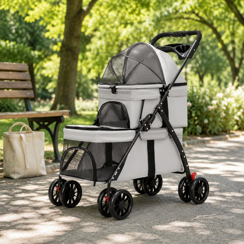 Double-Deck Pet Stroller with Lockable Wheels, Storage Pockets & Removable Liner