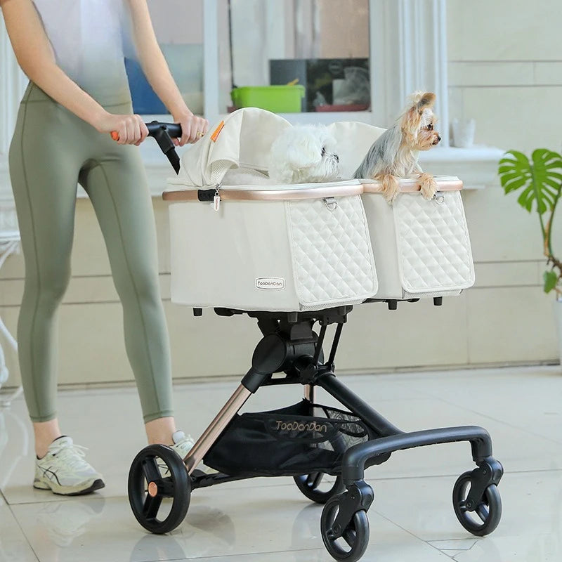 Double-Seat Foldable Pet Stroller for Two Small Dogs with Independent Baskets & Detachable Cat Stroller