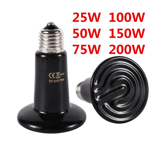 Ceramic Infrared Basking Heat Bulb — No-Light Emitter, E27, 25W–200W, 220V