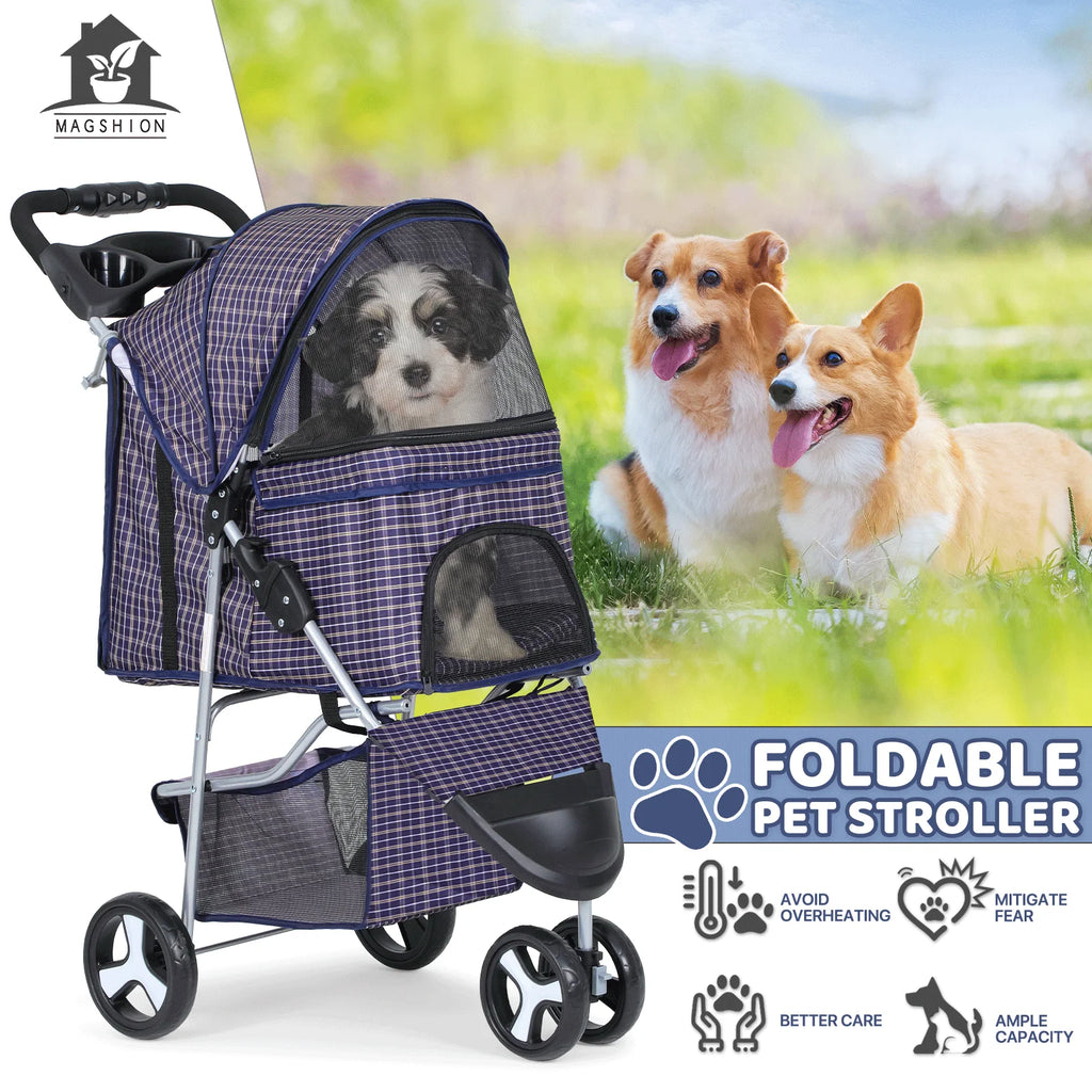 Magshion Foldable 3-Wheel Pet Jogger Stroller with Storage Basket & Cup Holder