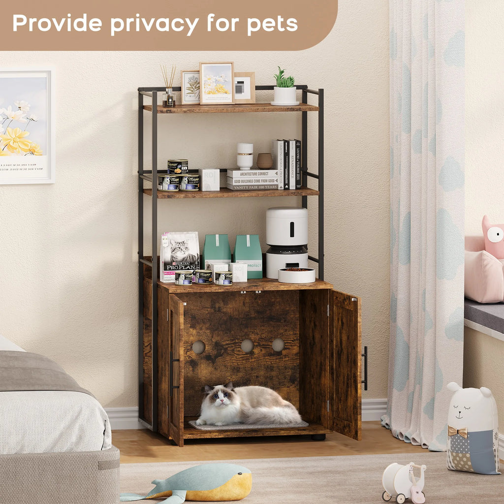 Cat Litter Box Enclosure with 2-Tier Storage Shelves