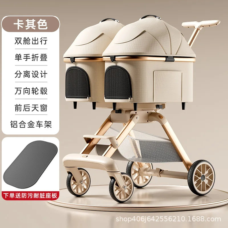 Twin Cabin Double Layer Pet Stroller for Small Medium Dogs Cats Lightweight Foldable Double Pet Cart Outdoor Walking