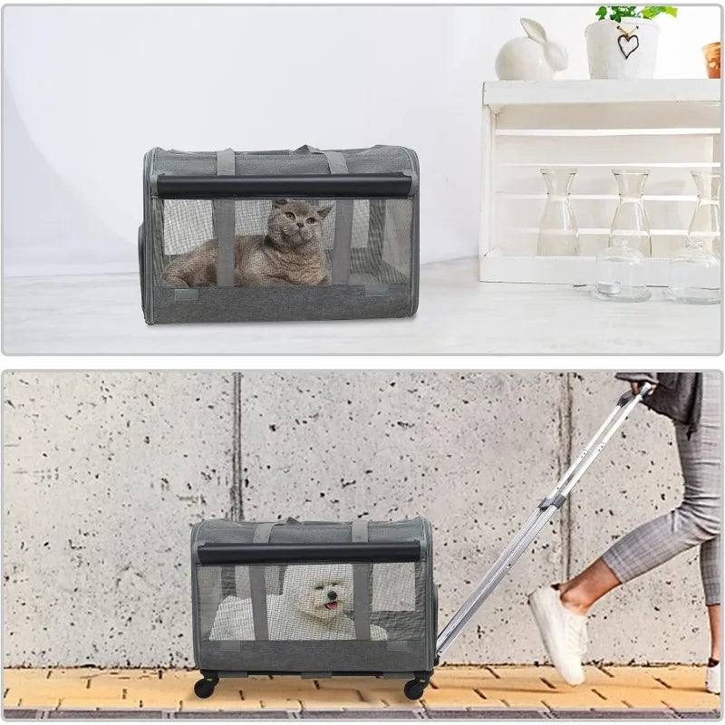 Large Rolling Pet Carrier with Wheels up to 30lbs (Breathable, Collapsible)