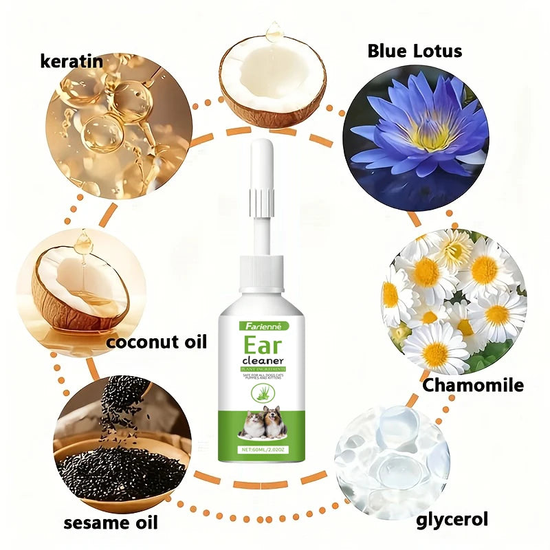 Natural Herbal Pet Ear Wash — Gentle 60ml Cleaning Fluid for Dogs & Cats