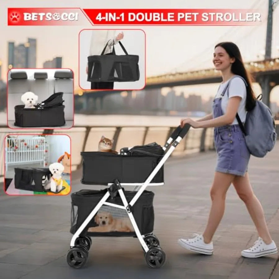 Double Pet Stroller with 2 Detachable Carriers for Small Dogs, Cats & Puppies
