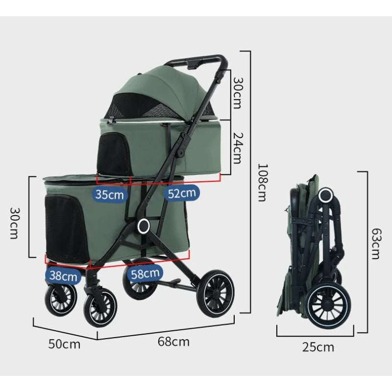 Foldable Double Pet Stroller for Medium Dogs & Cats — 4 Lockable Wheels, Safety Belts, Multi-Pet Carriage