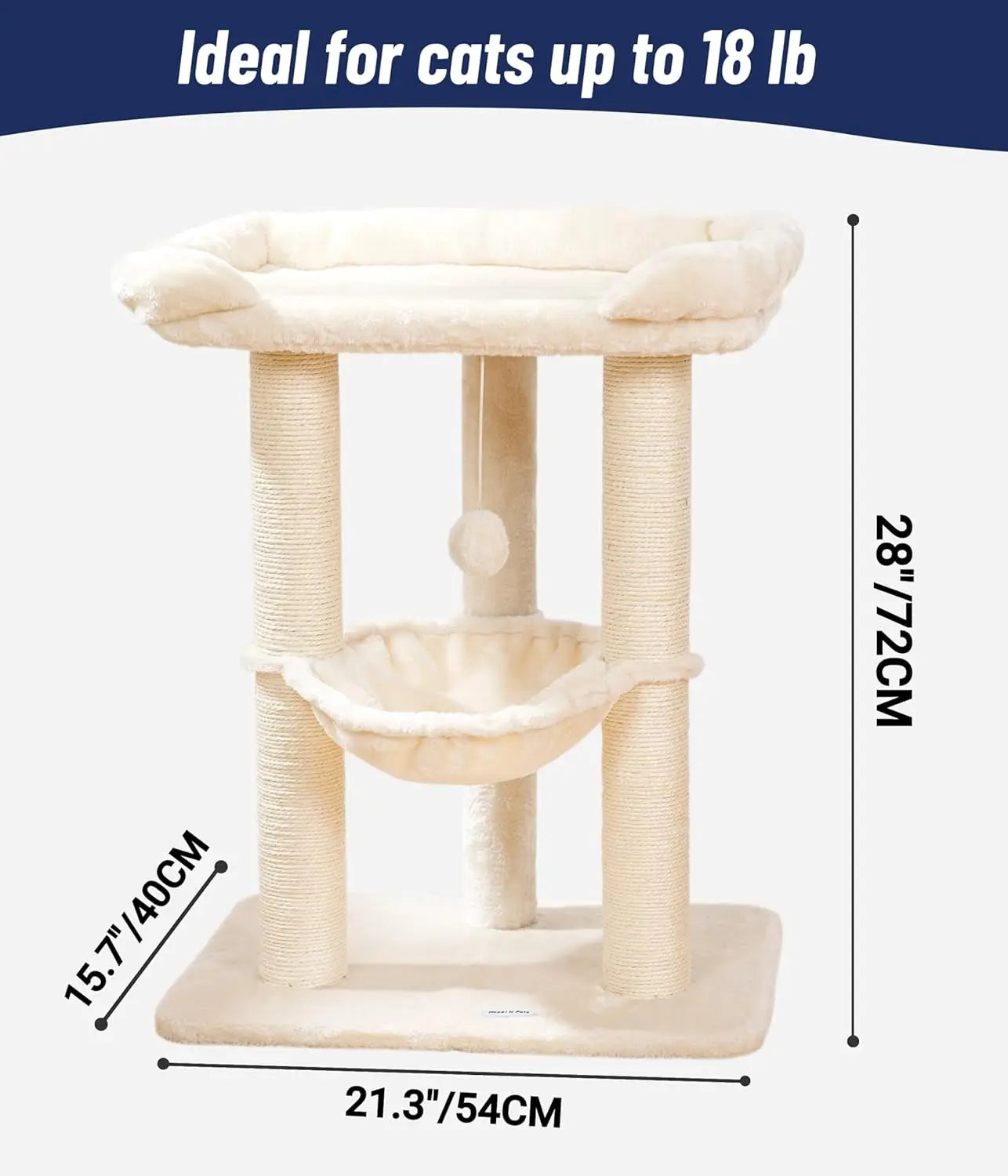28in Cat Tree with Large Bed, Scratching Post & Hammock