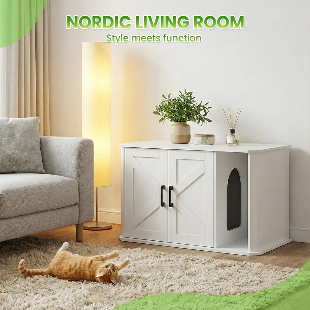 Side-Entry Wooden Cat Litter Box Cabinet with Double Doors