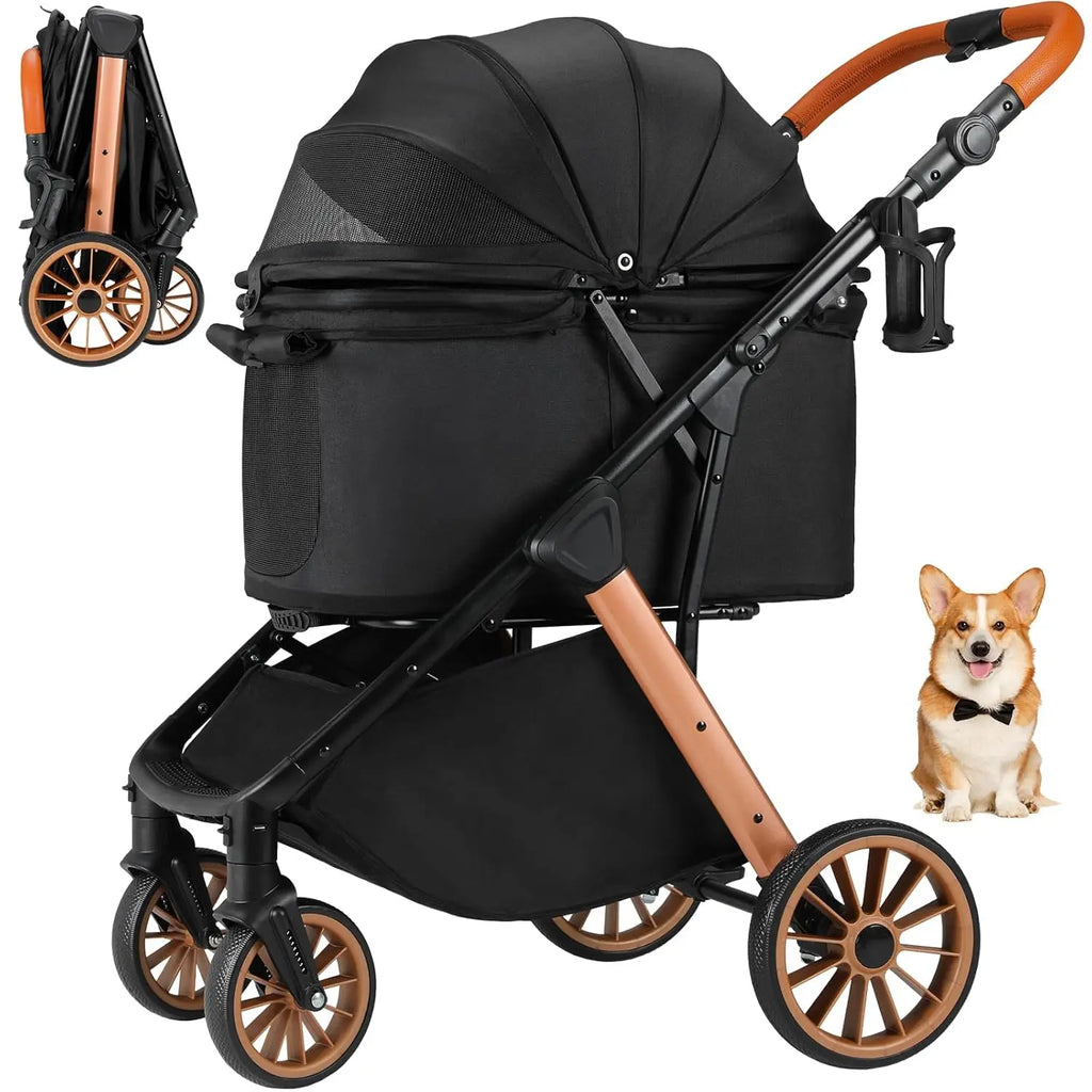 All-Terrain Pet Stroller with Aluminum & Carbon Steel Frame, Shock Absorbers, Sun Shades & Adjustable Handle