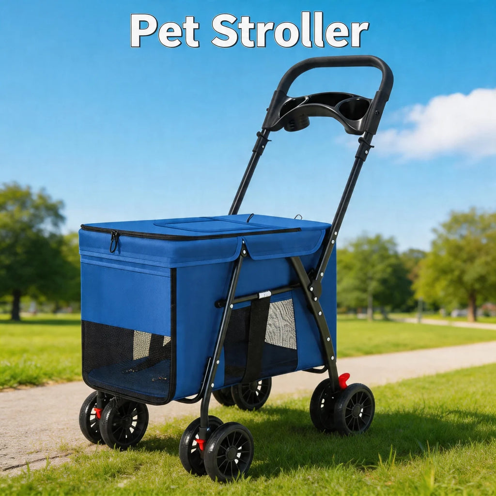 Shockproof 4-Wheel Foldable Pet Stroller for Small, Medium & Large Dogs & Cats — Breathable Outdoor Carrier