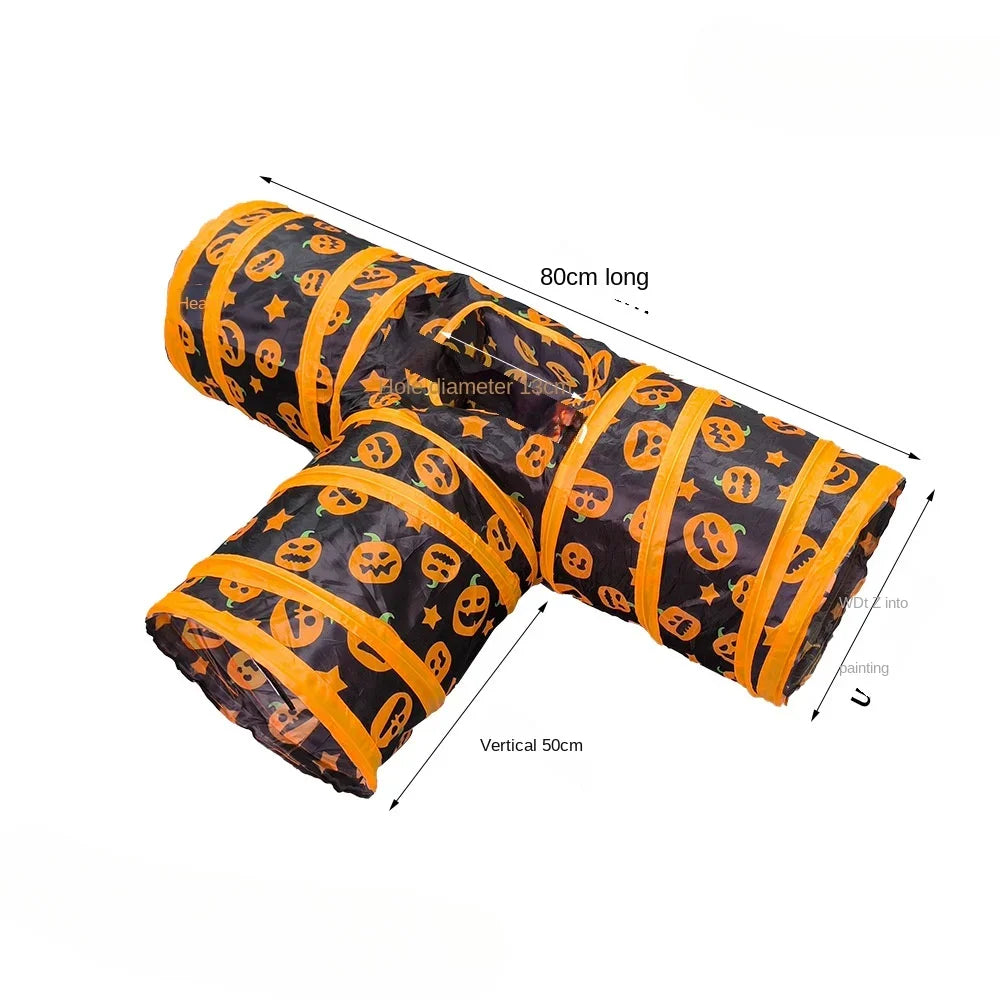 Halloween Pumpkin Cat Play Tunnel — Foldable Crinkle Pet Tunnel with Toy Attachment