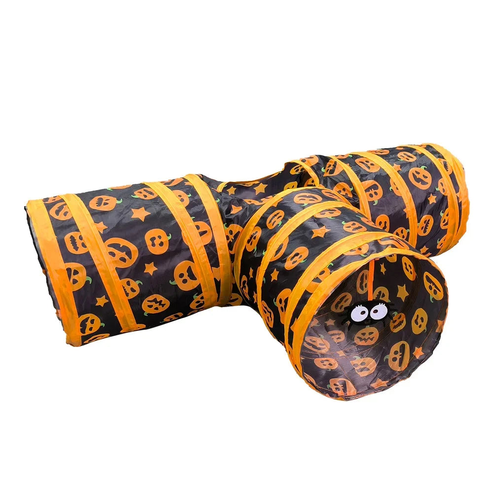 Halloween Pumpkin Cat Play Tunnel — Foldable Crinkle Pet Tunnel with Toy Attachment
