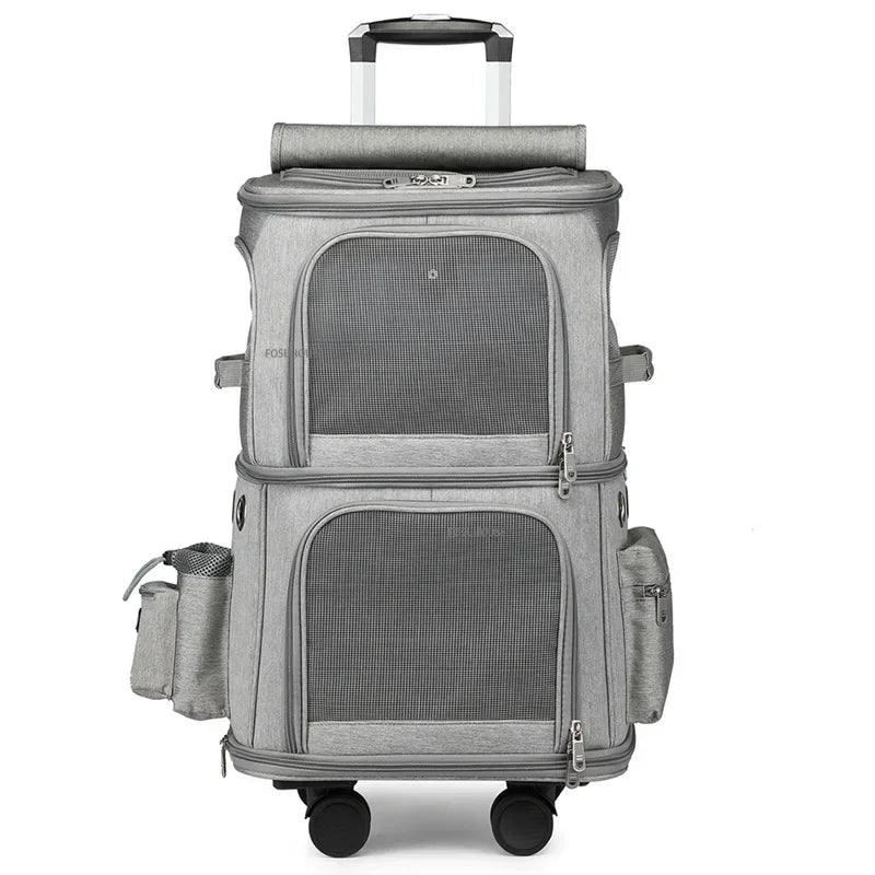 Double-Layer Large-Capacity Breathable Pet Trolley Case for 2 Dogs & Cats — Portable Outdoor Travel Carrier