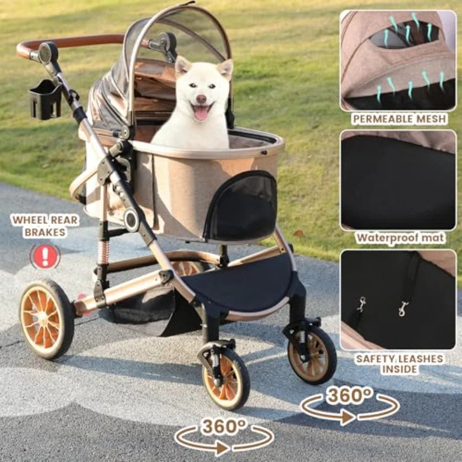 3-in-1 Smooth-Ride Pet Stroller with Detachable Carrier, Rubber Wheels & Car Seat