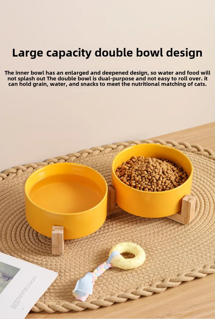 Elevated Ceramic Pet Bowl with Wood Stand