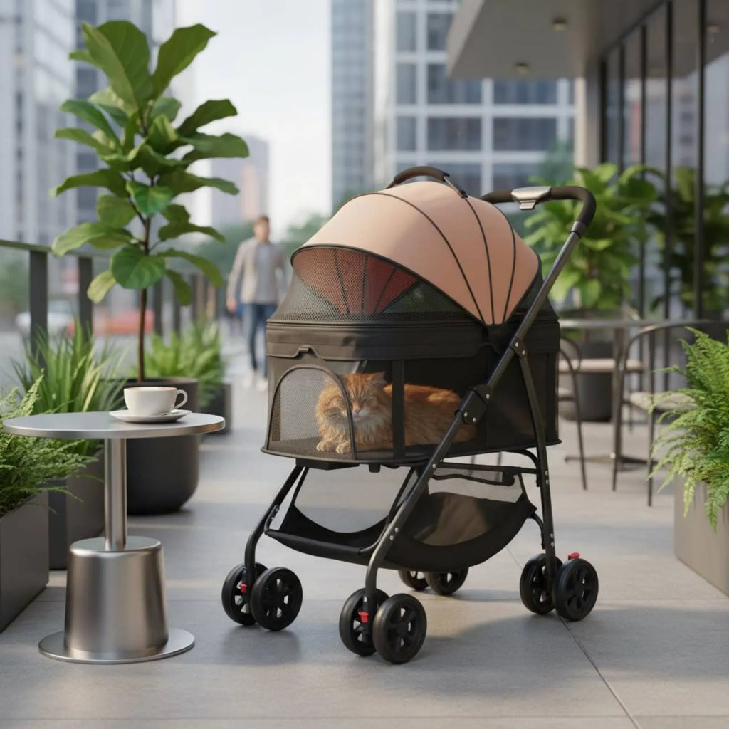 Lightweight Foldable Pet Carrier with Full-Rotation Wheels & Detachable Carrier for Dogs & Cats