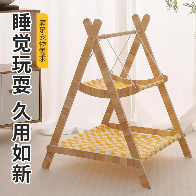 Solid Wood Double-Layer Cat Hammock Swing