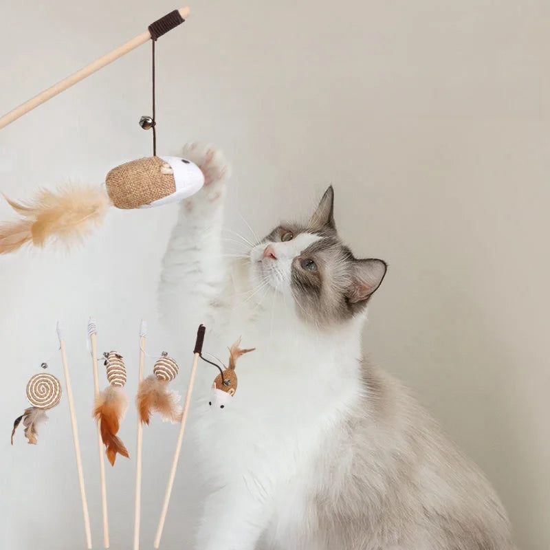 Feather Wand Cat Teaser with Wood Handle — Interactive Wand Toy