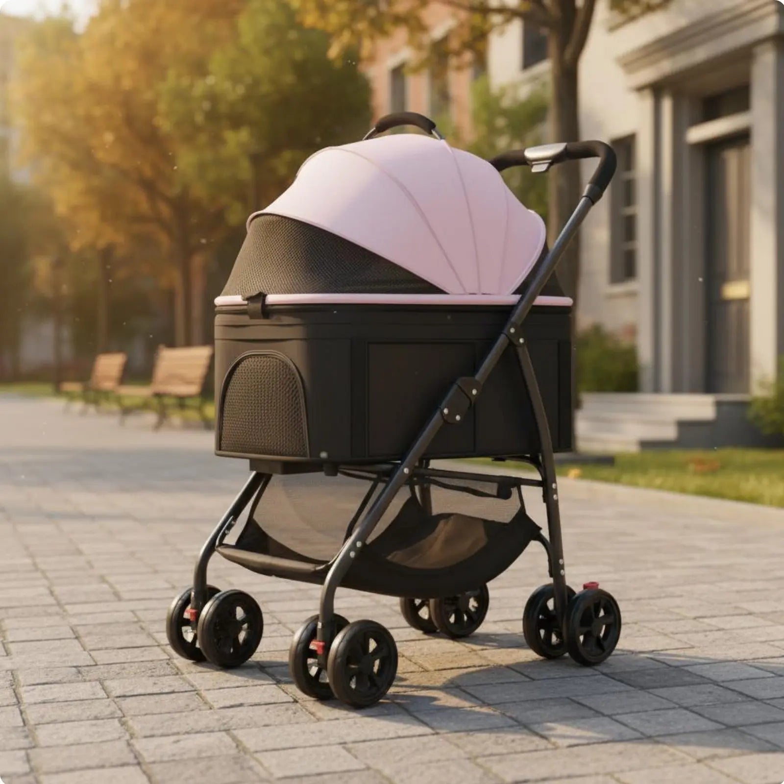 Foldable Pet Transport Stroller with Full-Rotation Wheels & Detachable Carrier — Lightweight Dog & Cat Carriage with Storage