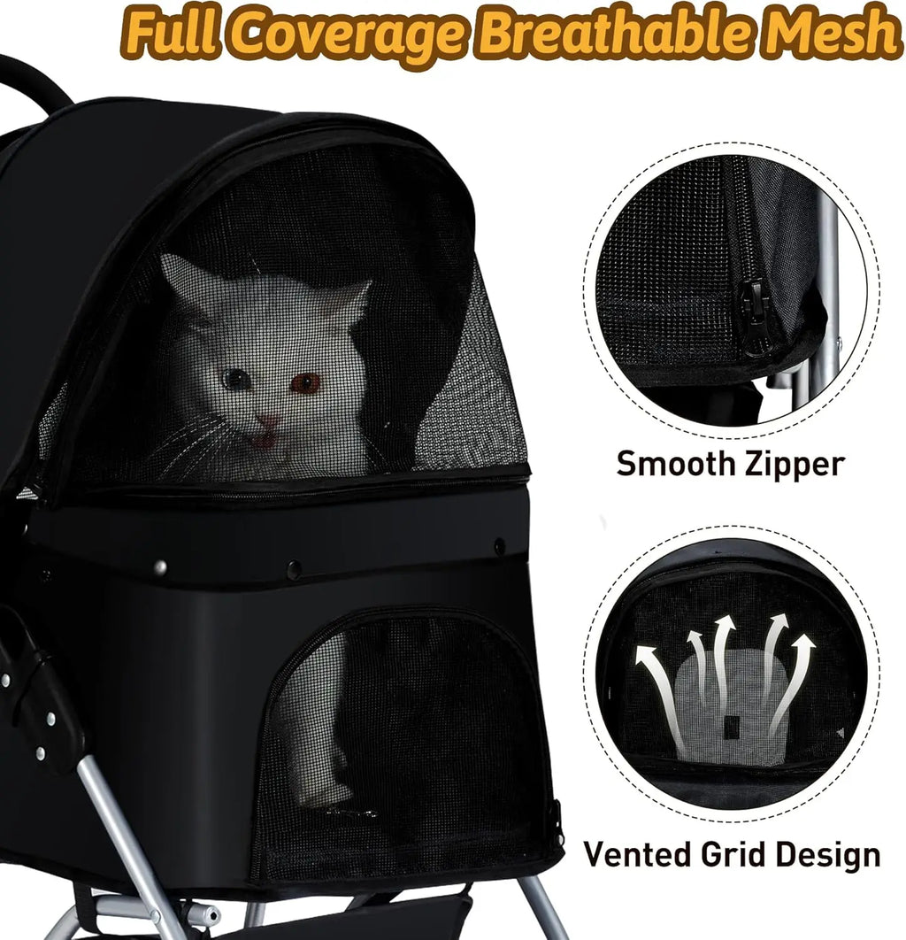 4-Wheel Pet Stroller for Small Dogs & Cats with Breathable Mesh, Cup Holder & Storage Basket — Black