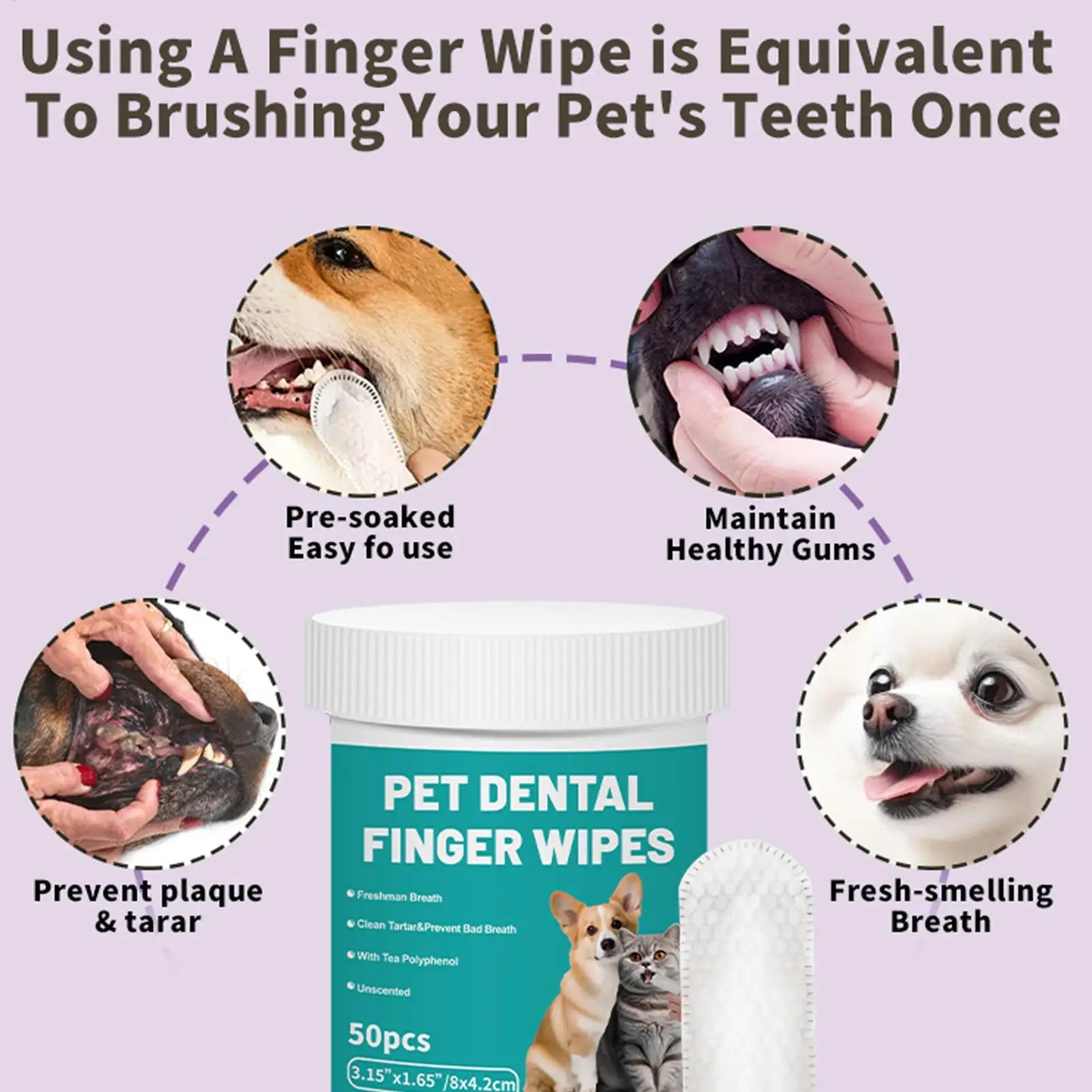 Disposable Finger Toothbrush Wipes for Pets — Fresh Breath, 50-Pack