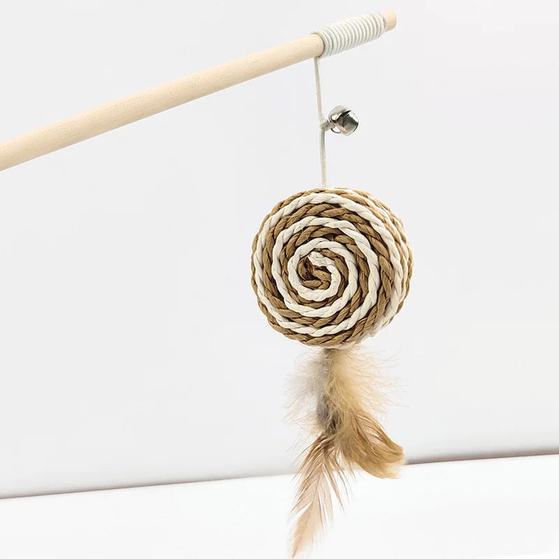 Feather Wand Cat Teaser with Wood Handle — Interactive Wand Toy