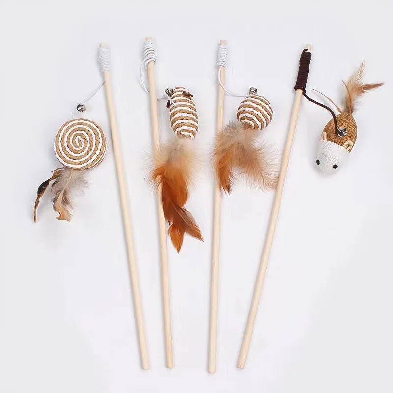 Feather Wand Cat Teaser with Wood Handle — Interactive Wand Toy