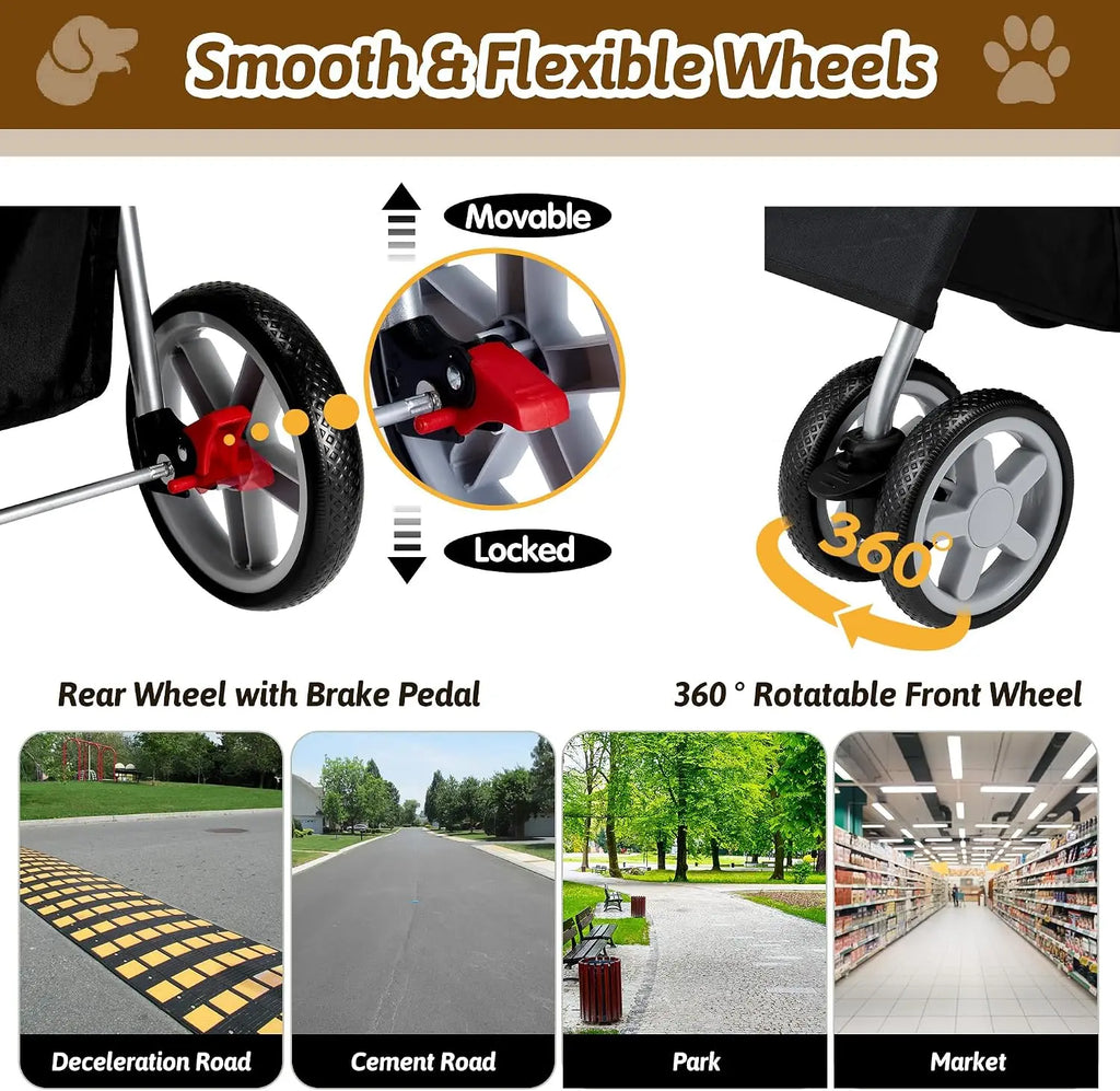 4-Wheel Pet Stroller for Small Dogs & Cats with Breathable Mesh, Cup Holder & Storage Basket — Black