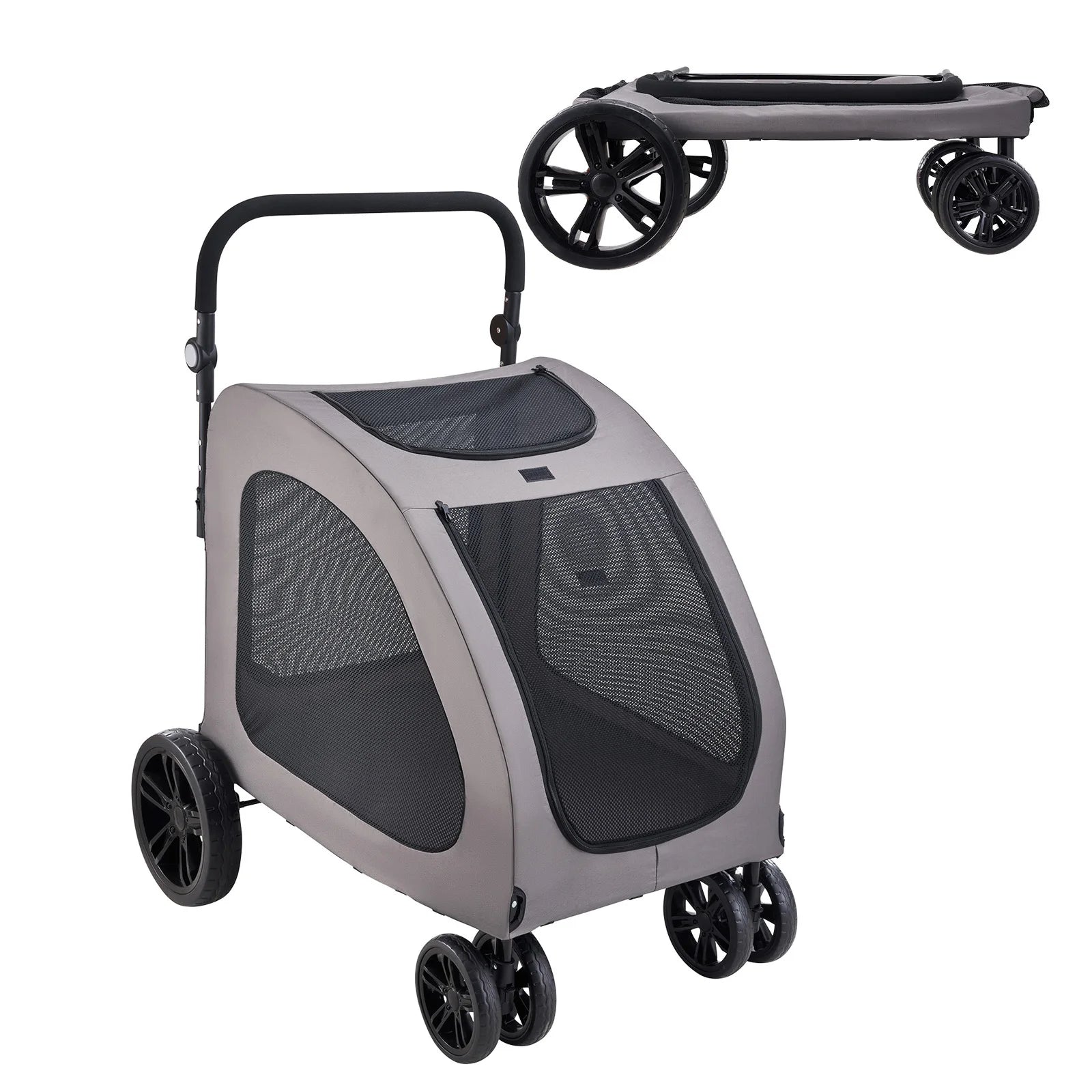Portable Pet Stroller Carrier with Breathable Mesh Windows & Height-Adjustable Handle for Cats & Dogs